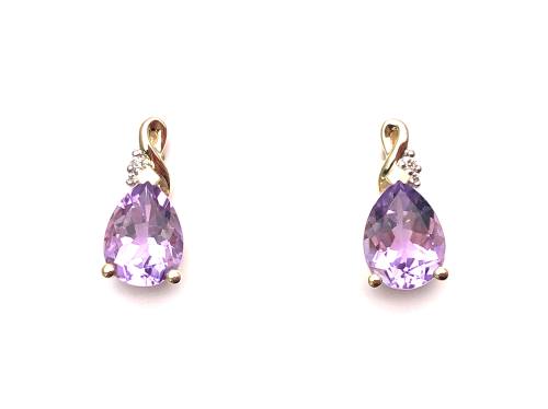 9ct Yellow Gold Amethyst & Diamond Stud Earrings