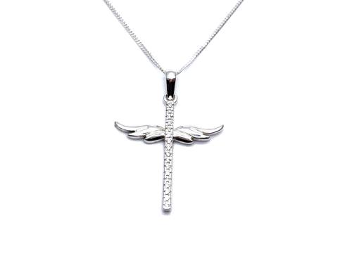 Silver CZ Winged Cross Pendant & Chain