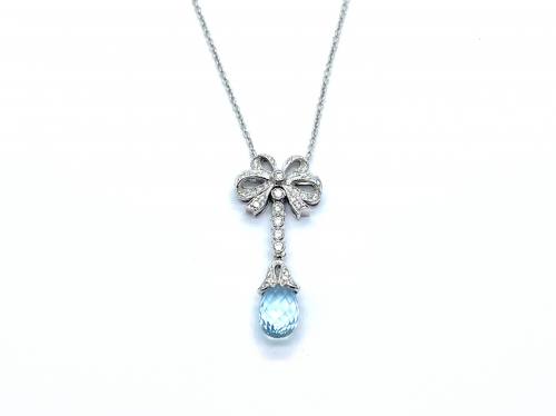 18ct White Gold Aquamarine & Diamond Bow Pendant