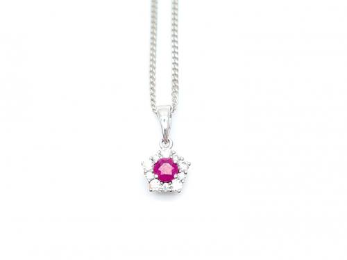 Silver Ruby & CZ Flower Cluster Pendant & Chain