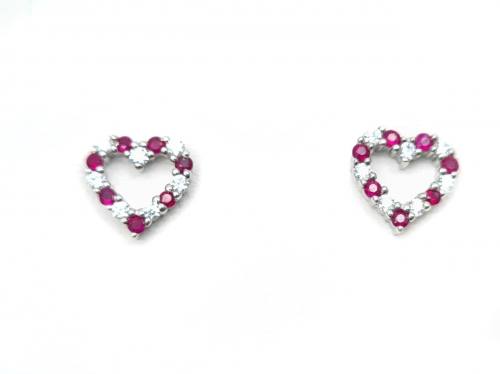 Silver Ruby & CZ Open Heart Stud Earrings