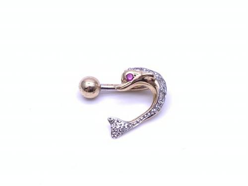 9ct Yellow Gold CZ Dolphin Belly Bar