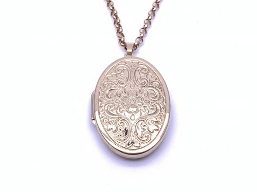 9ct Engraved Oval Locket & Chain 21inch
