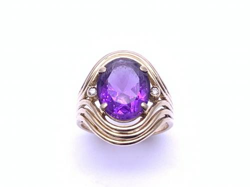 14ct Amethyst Solitaire & Diamond Ring