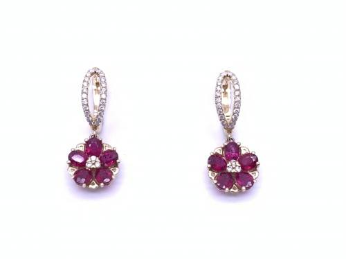 14ct Ruby & Diamond Flower Drop Earrings