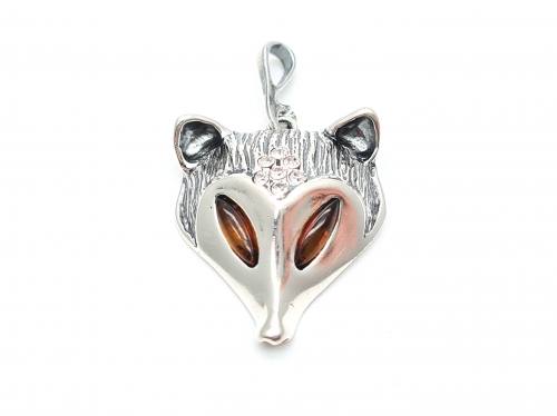 Silver Amber & CZ Fox Head Pendant