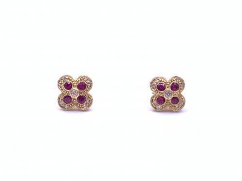 9ct Yellow Gold Ruby & Diamond Cluster Earrings