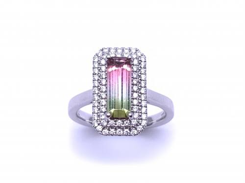 18ct Watermelon Tourmaline & Diamond Cluster Ring