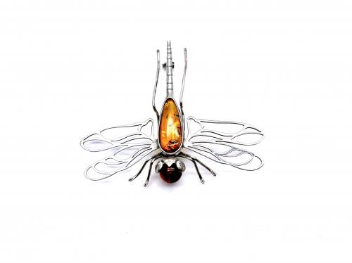 Silver Amber Dragonfly Brooch