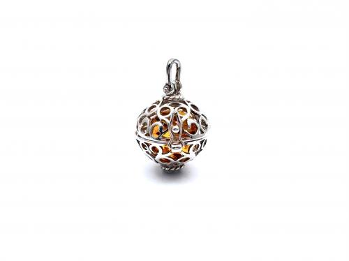 Silver Amber Filigree Ball Pendant