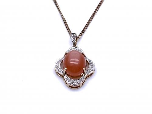 9ct Sunstone & Diamond Pendant & Chain