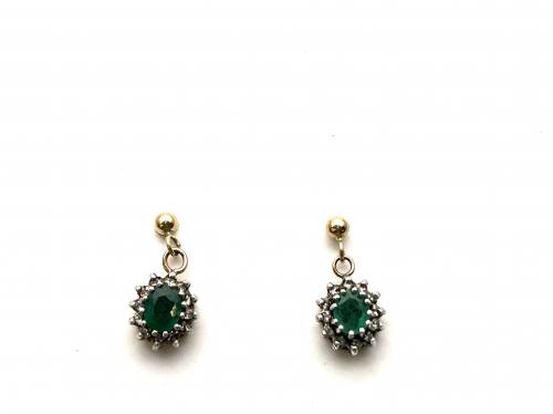 9ct Emerald & Diamond Drop Earrings