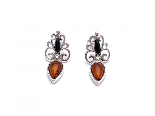 Silver Whitby Jet & Amber Stud Drop Earrings