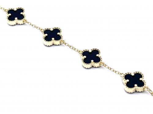 Silver Gold PLated Black Stone Clover Bracelet