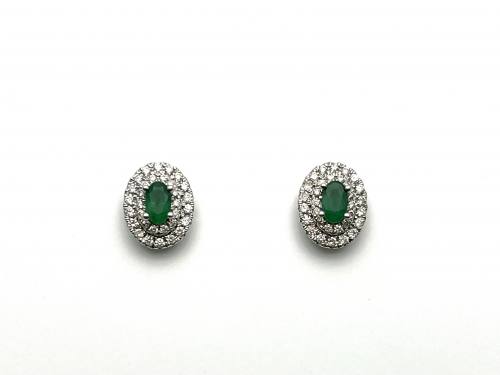 9ct White Gold Emerald & Diamond Cluster Earrings