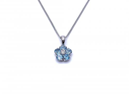 9ct White Gold Blue Topaz & Diamond Flower Pendant