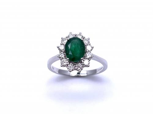 18ct White Gold Emerald & Diamond Cluster Ring