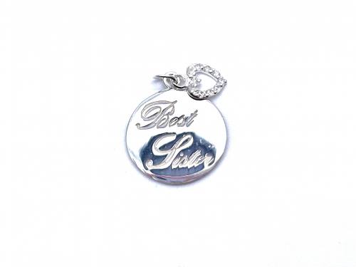 Silver Best Sister CZ Heart Pendant