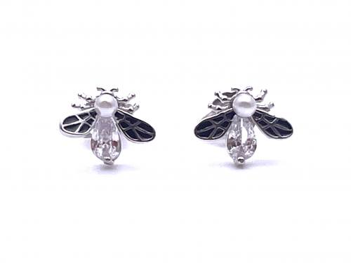 Silver Fly Stud CZ Earrings