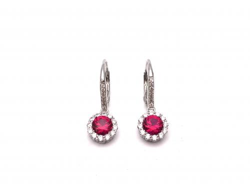 Silver Red & White CZ Hook Earrings