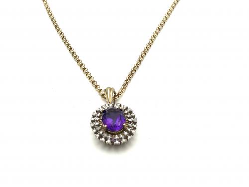 9ct Amethyst & Diamond Pendant & Chain