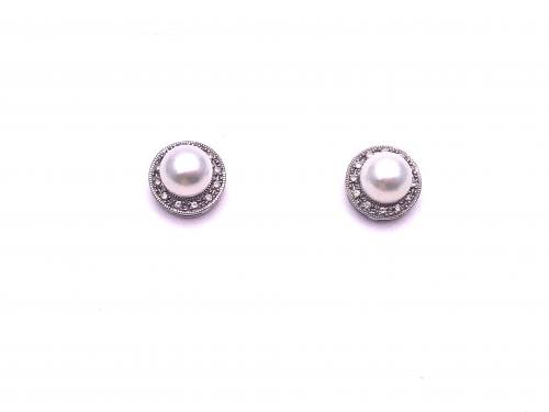 18ct Cultured Pearl & Diamond Studs Earrings