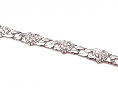 Silver CZ Heart Curb Bracelet 6 Inch