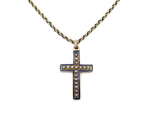 An Old Enamel & Pearl Cross Pendant & Chain