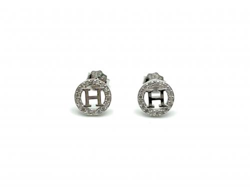 Silver Round CZ H Halo Stud Earrings