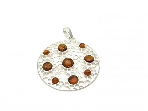 Silver Amber Circle Flower Pendant 50x39mm