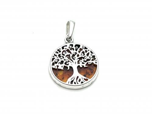 Silver Amber Tree Of Life Pendant 25x14mm