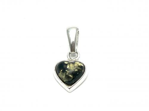 Silver Green Amber Heart Pendant 21x11mm