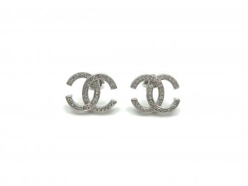 Silver CZ Pave Double CC Stud Earrings