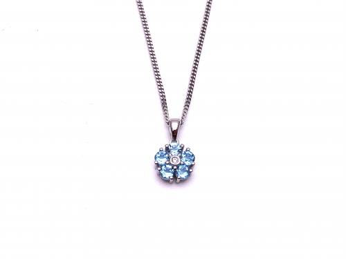 Silver Blue Topaz & CZ Cluster Pendant and Chain