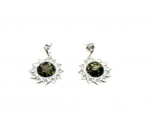 Silver Green Amber Flower Stud Earrings 23x19mm