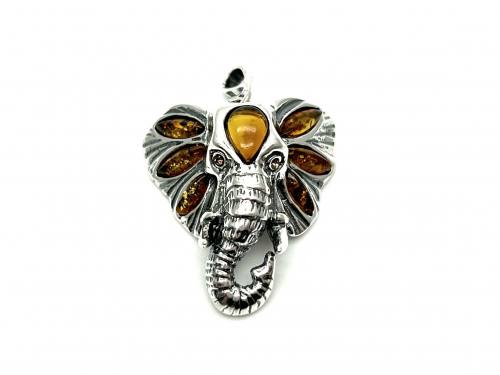 Silver Amber Elephant Head Pendant
