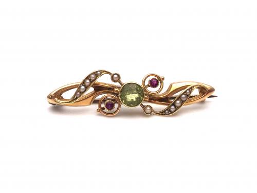 15ct Peridot, Pearl & Ruby Brooch