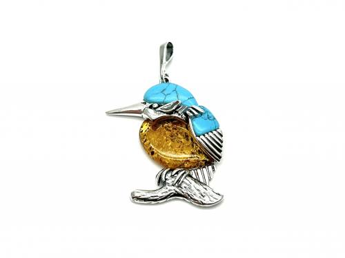 Silver Amber Created Turquoise Kingfisher Pendant