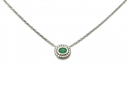 Silver Emerald & CZ Oval Cluster Pendant & Chain