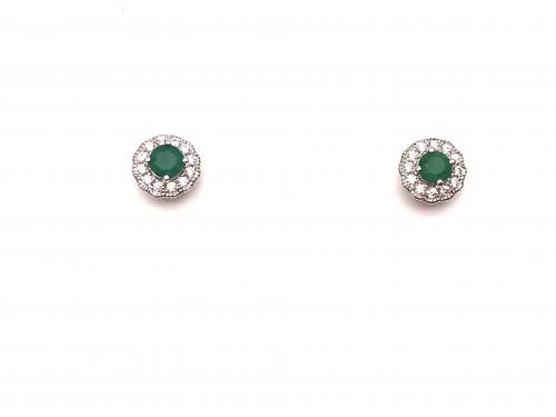 Silver Emerald & CZ Cluster Stud Earrings