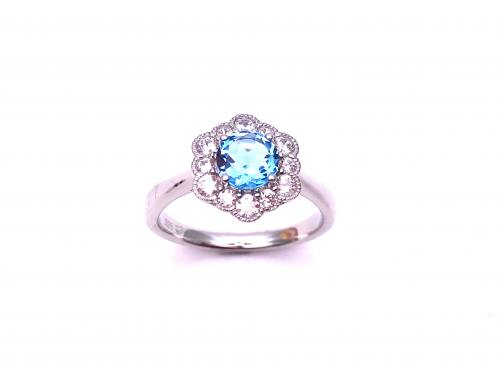 Silver Blue Topaz and CZ Cluster Ring