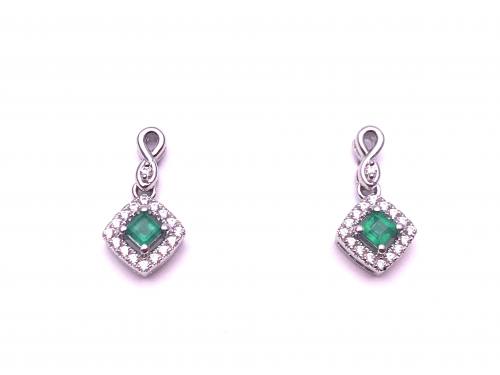Silver Emerald & CZ Cluster Drop Stud Earrings