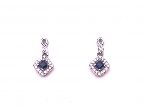 Silver Sapphire & CZ Cluster Drop Stud Earrings