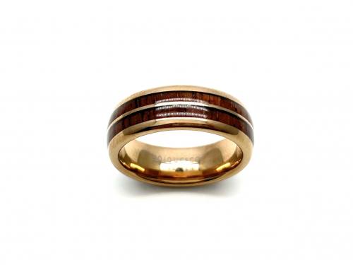 Tungsten Carbide Wood Inlay & Rose IP Plating Ring