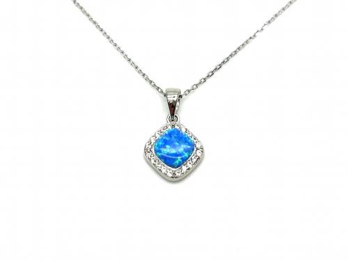 Silver Created Blue Opal & CZ Pendant & Chain