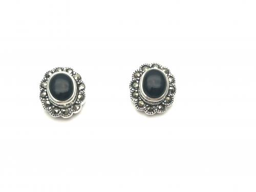 Silver Marcasite Black Onyx Stud Earrings