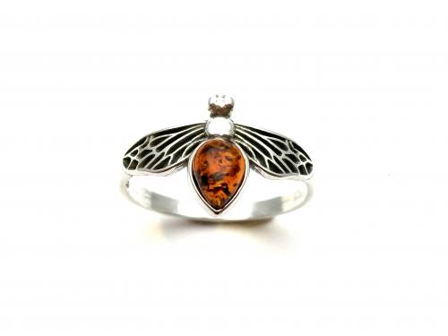 Silver Amber Dragonfly Ring