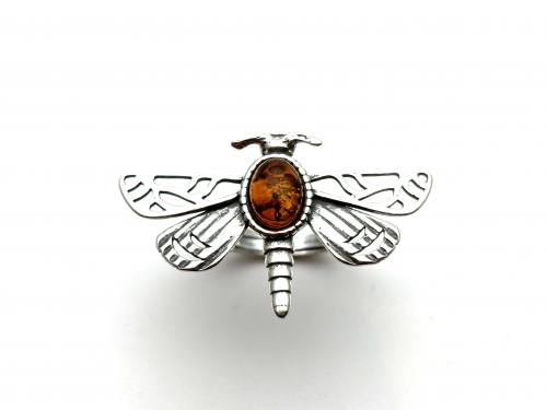 Silver Amber Adjustable Dragonfly Ring