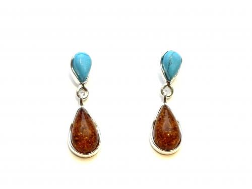 Silver Reconstituted Turquoise & Amber Earrings