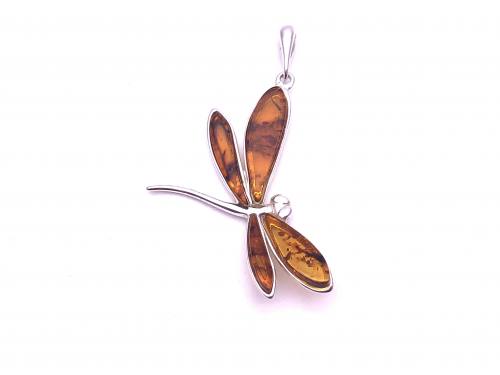 Silver Amber Dragonfly Pendant 50 x 32mm